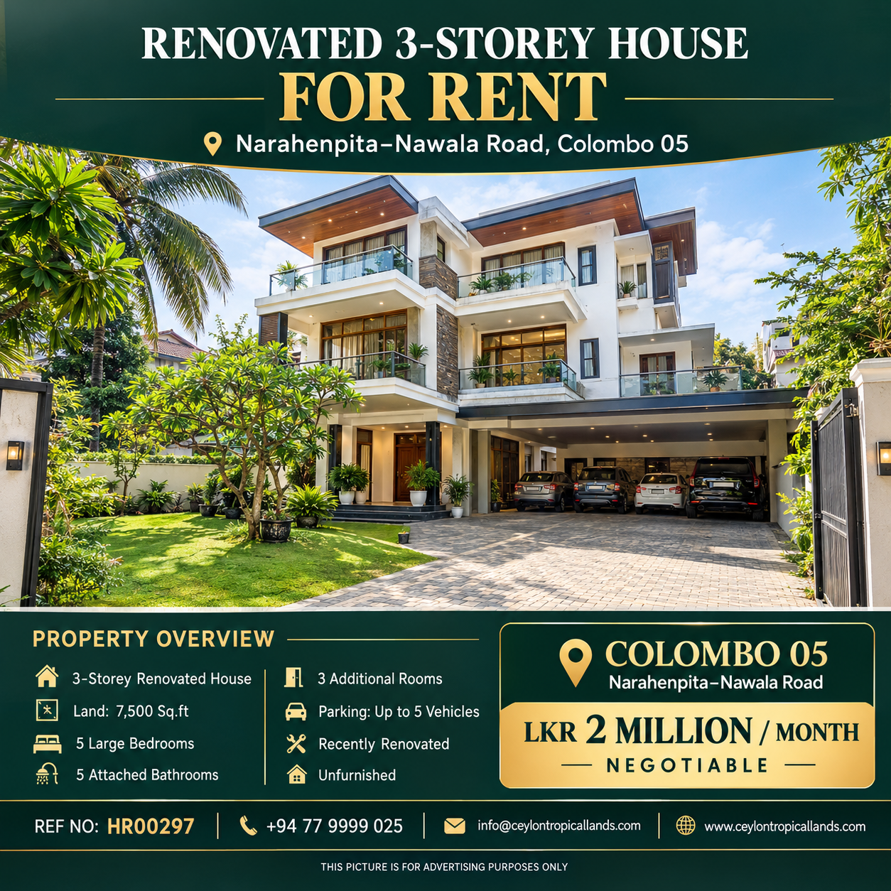 Renovated 3-Storey House for Rent – Colombo 05
